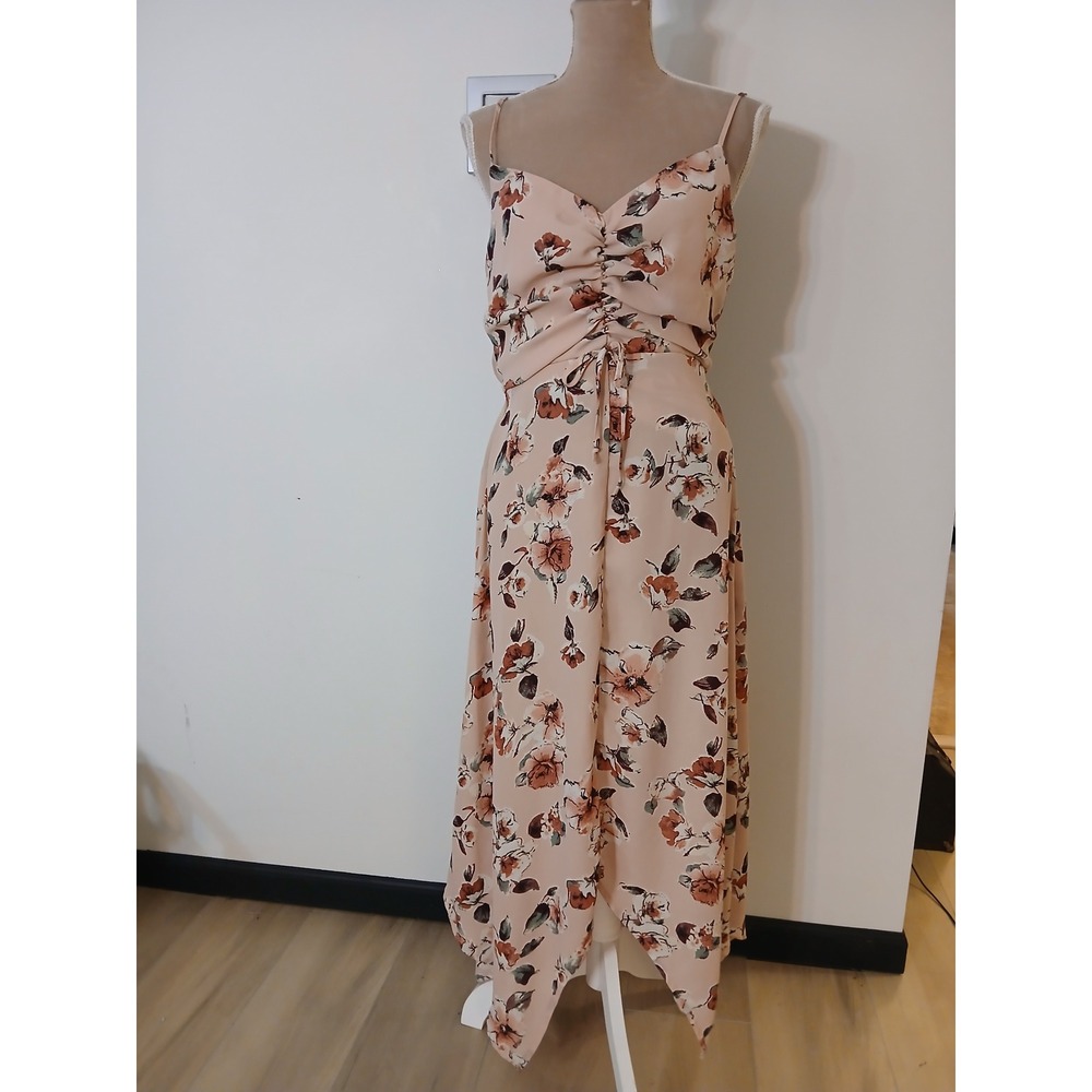 Three Pink Hearts Blush Floral Ruched Handkerchief Hem Midi Dress Large Fairy